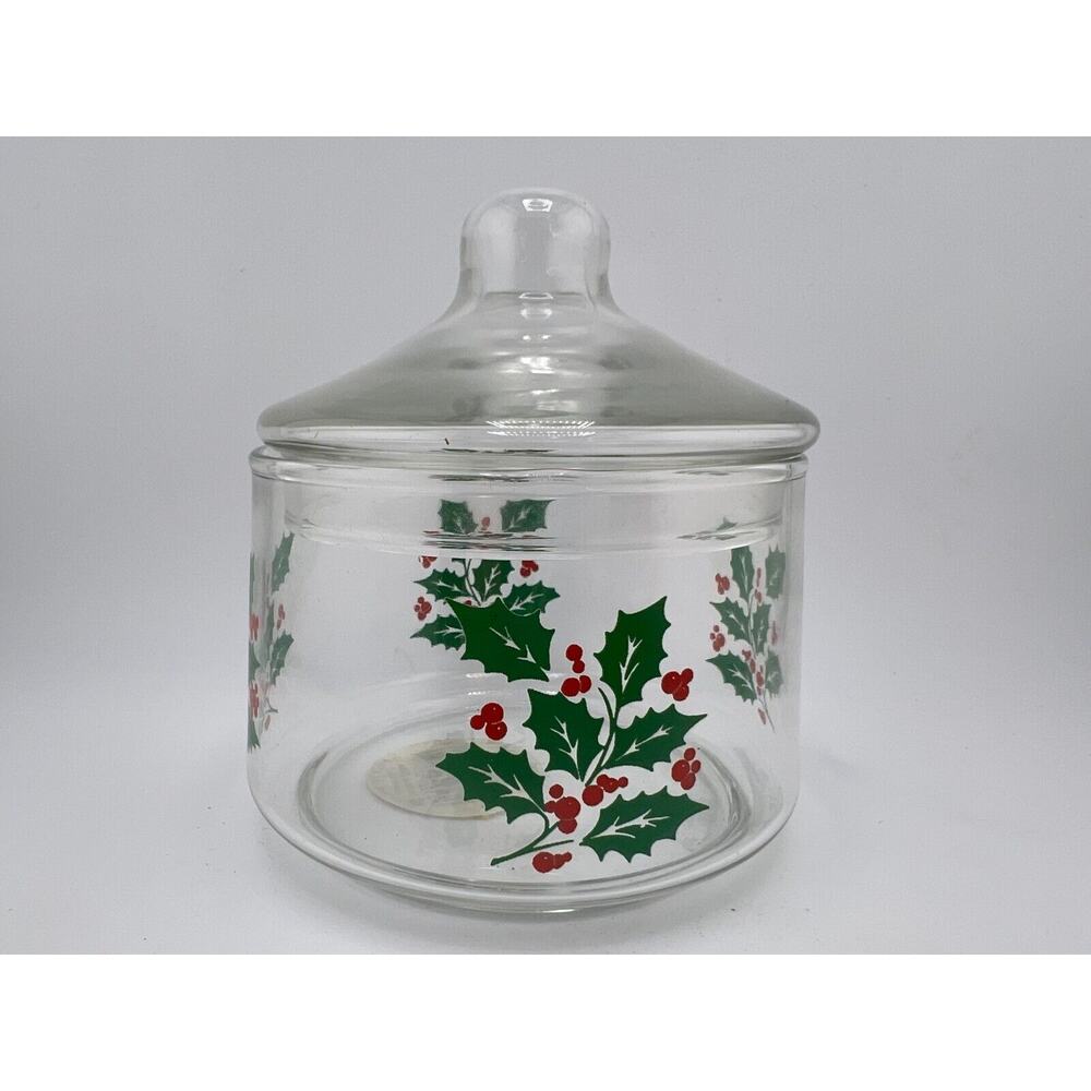 Vintage Indiana Glass 5979 Clear Christmas Holly Berries Snack‎ Jar with Lid